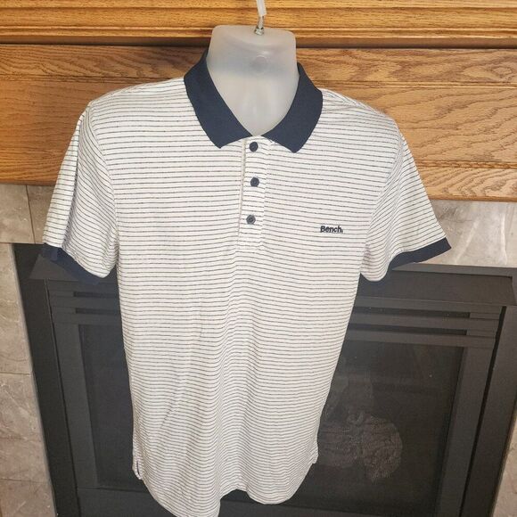 Bench Men's Short Sleeve Blue Striped Embroidered Logo Polo NWT - Picture 1 of 6